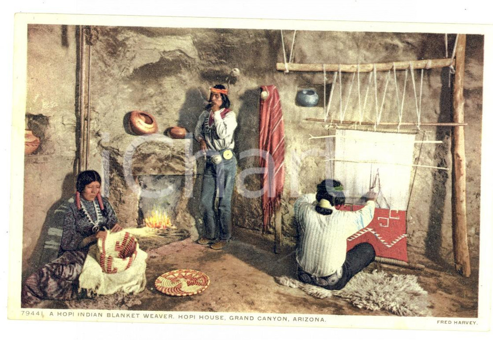 Cartolina originale da collezione 1910 ca GRAND CANYON ARIZONA A HOPI Indian blanket weaver Postcard RARE 1