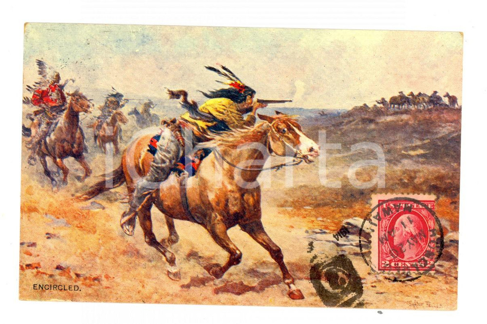 Cartolina originale da collezione 1914 NATIVE AMERICANS  Encircled Postcard OLD VINTAGE ILLUSTRATED FP VG 1