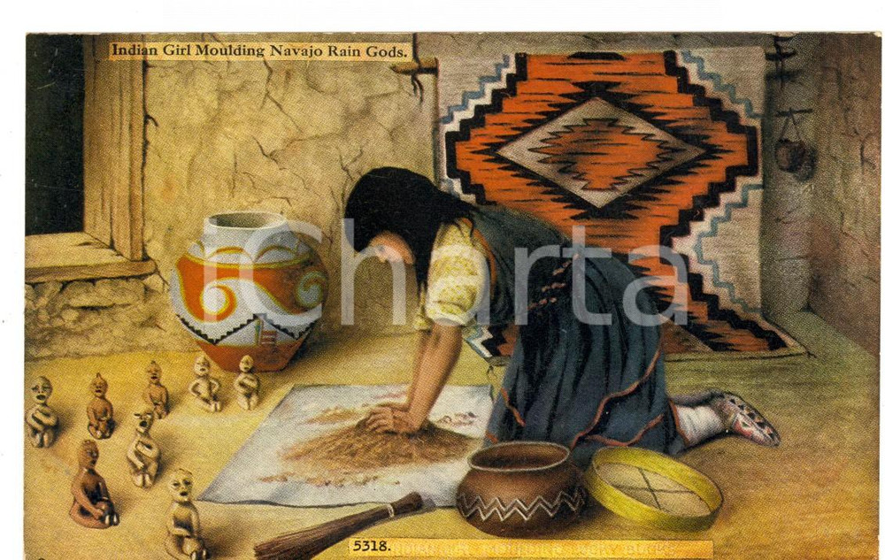 Cartolina originale da collezione 1910 ca NATIVE AMERICANS Indian girl moulding NAVAJO rain gods Postcard TAMMEN 1