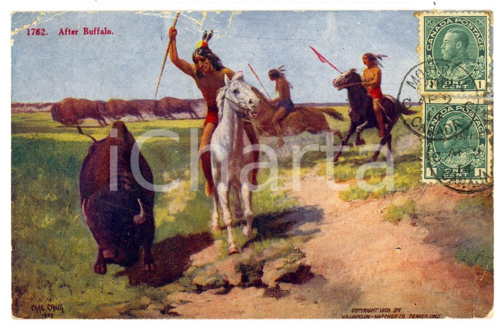 Cartolina originale da collezione 1913 NATIVE AMERICANS After Buffalo  Indian hunting Postcard VINTAGE RARE FP 1