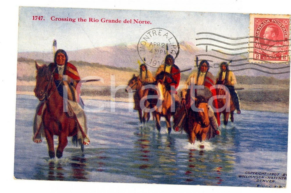 Cartolina originale da collezione 1914 NATIVE AMERICANS Crossing the Rio Grande del Norte Postcard VINTAGE FP VG 1