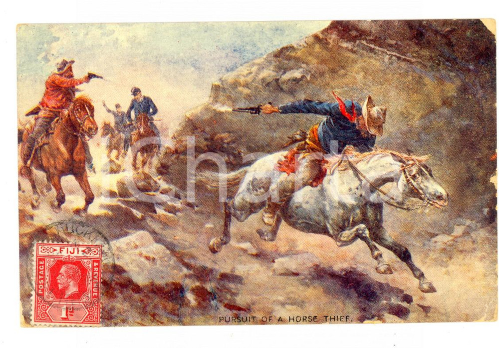Cartolina originale da collezione 1914 OLD AMERICA Pursuit of a horse thief Postcard VINTAGE ILLUSTRATED FP VG 1