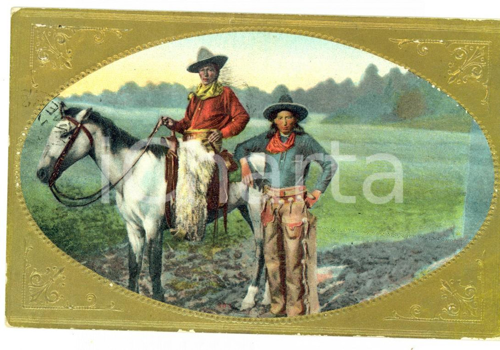Cartolina originale da collezione 1908 OLD AMERICA Cowboy with Native American Postcard VINTAGE EMBOSSED FP VG 1