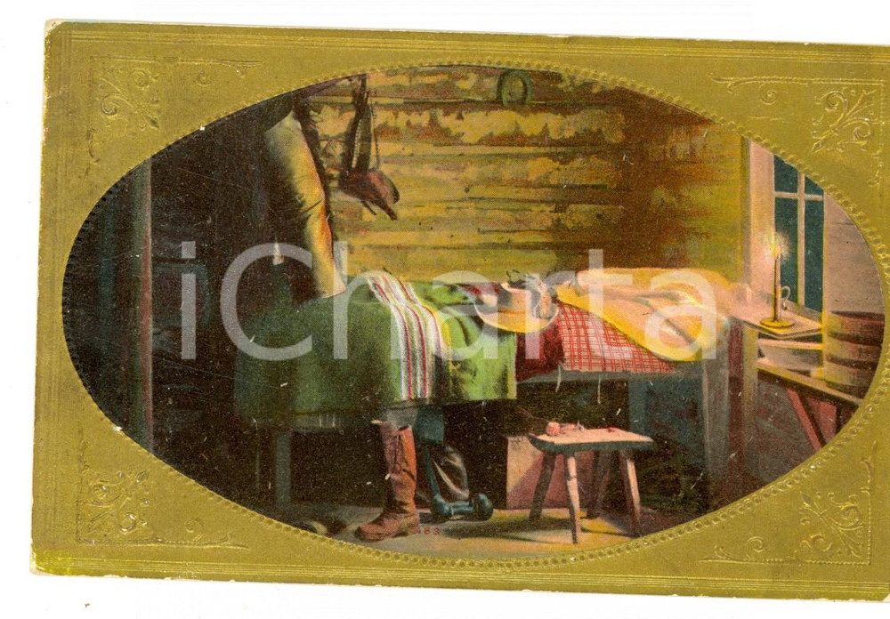 Cartolina originale da collezione 1908 OLD AMERICA The cowboy s room Postcard VINTAGE EMBOSSED FP VG 1