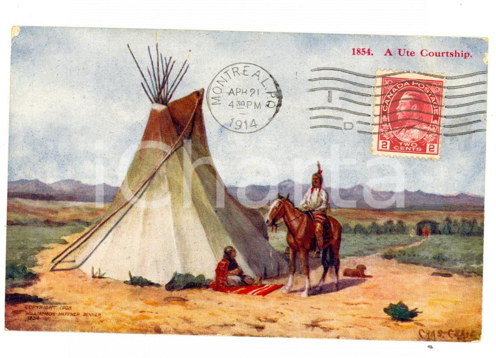 Cartolina originale da collezione 1914 NATIVE AMERICANS A Ute courtship Postcard VINTAGE ILLUSTRATED FP VG 1