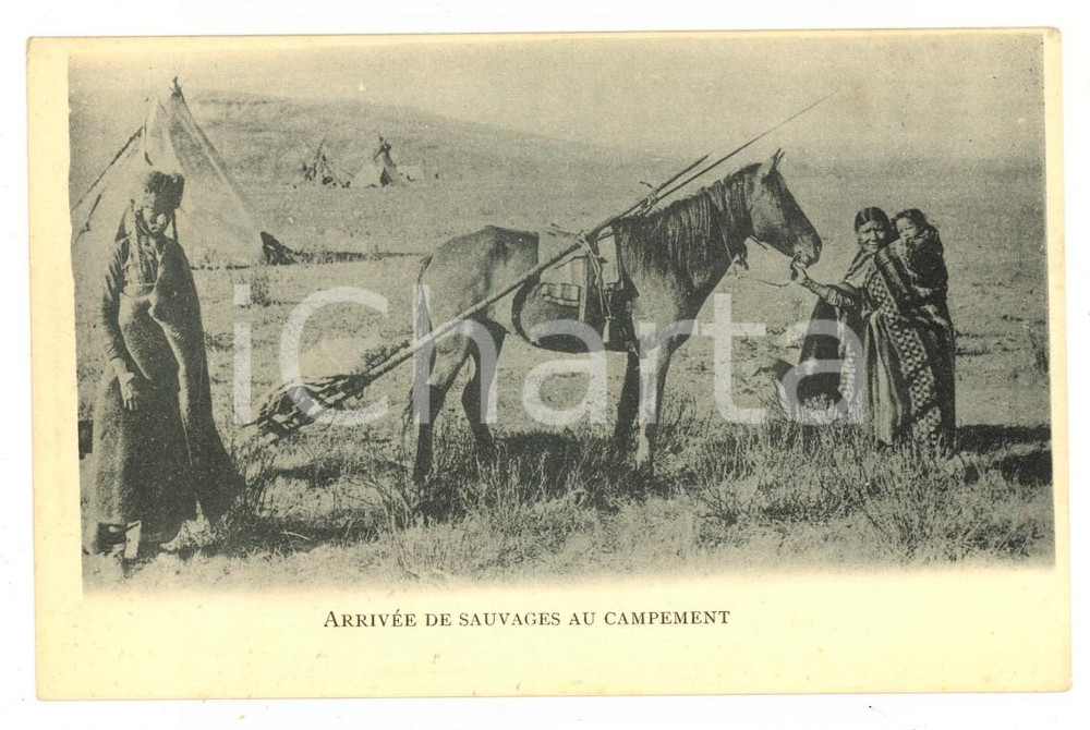 Cartolina originale da collezione 1900 ca NATIVE AMERICANS ArrivÃ©e des sauvages au campement VINTAGE postcard FP 1