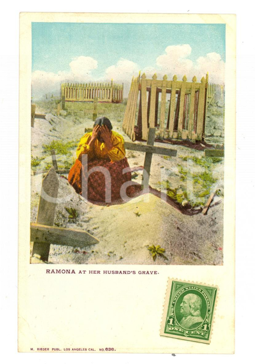 Cartolina originale da collezione 1900 ca NATIVE AMERICANS Ramona at her husband s grave Postcard FP NV 1