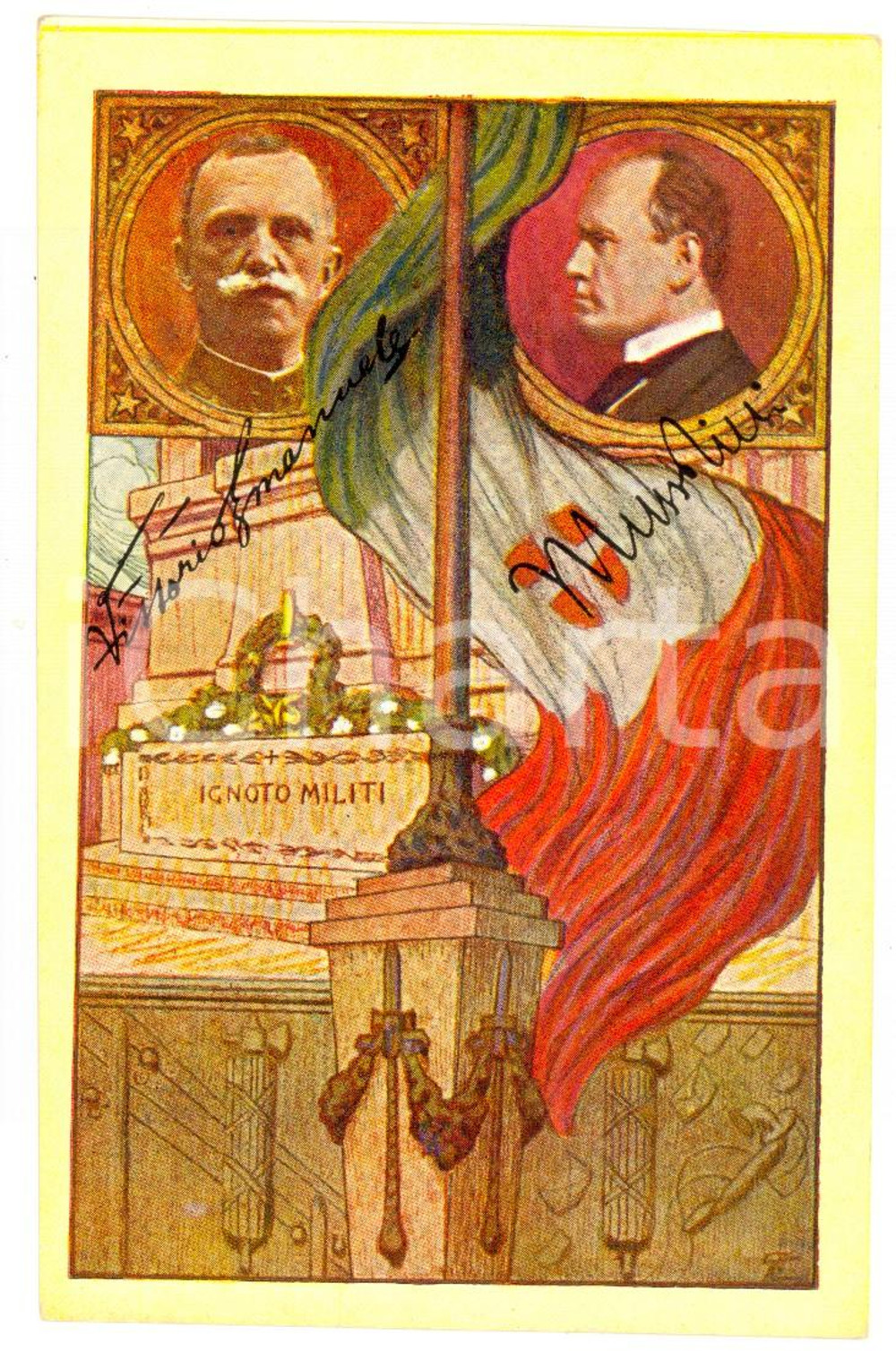 Cartolina originale da collezione 1923 Comitato AZIONE PATRIOTTICA P.T.T. Omaggio al Re e a Mussolini Cartolina 1