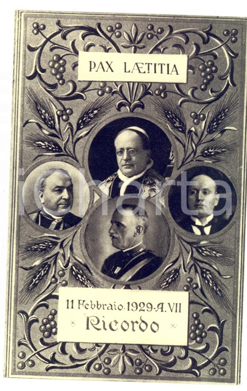 Cartolina originale da collezione 1929 ROMA PATTI LATERANENSI  Cartolina ricordo  Pax Laetitia FP NV 1