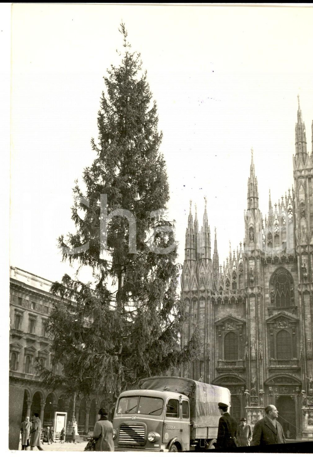 1958 MILANO PIAZZA DUOMO L'albero di Natale donato dall'Alta Savoia- Foto  Fotografia d'epoca con didascalia coeva.  CONDIZIONI: FAIR (lieve macchia d'inchiostro in sovraimpressione) FORMATO: 13x18 cm     originale e autentica 1