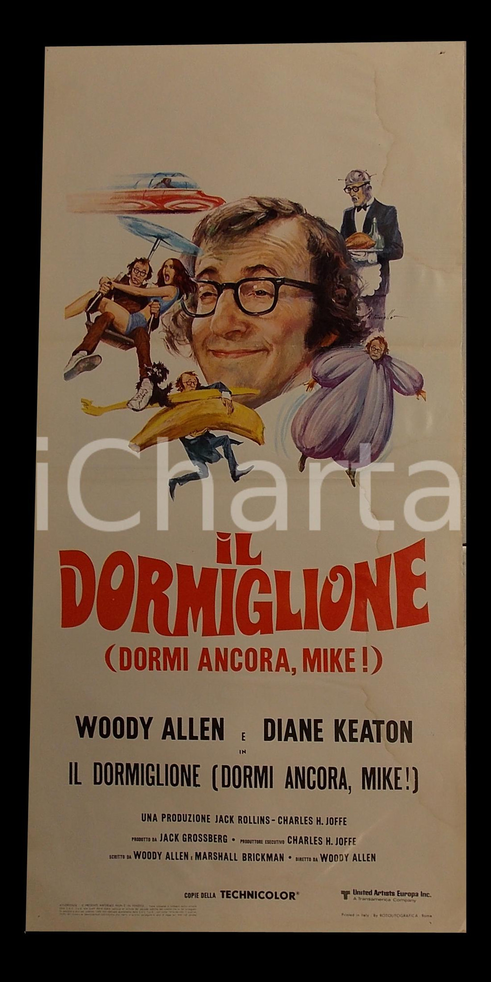 Materiale cinematografico d’epoca 1973 IL DORMIGLIONE Woody ALLEN Diane KEATON John BECK Manifesto 32x70 cm 1