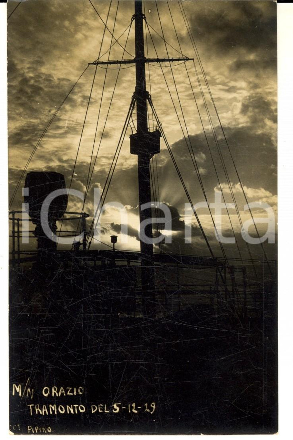 Fotografia d epoca originale 1929 OCEANO PACIFICO Transatlantico ORAZIO in mare al tramonto Foto cartolina 1