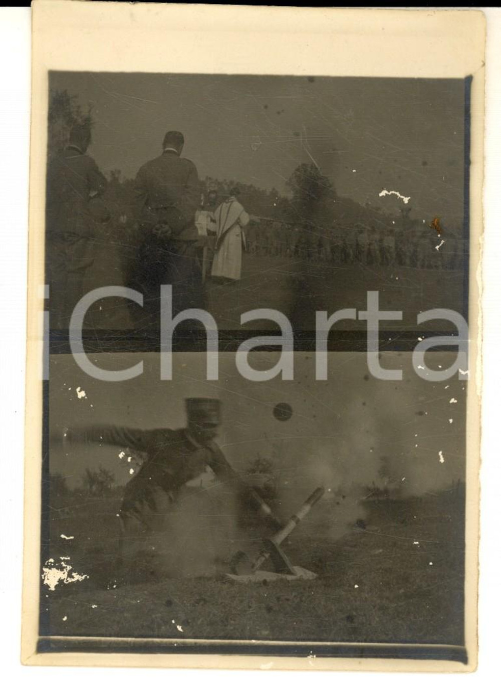 Fotografia d epoca originale 1920 ca AREA DI UDINE Cerimonia militare con Messa e lancio di mortaio Foto 1