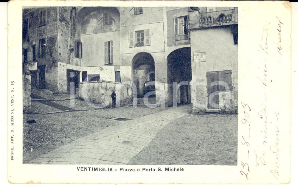 Cartolina originale da collezione 1903 VENTIMIGLIA Piazza Porta S. Michele Cartolina ANIMATA VINTAGE FP VG 1