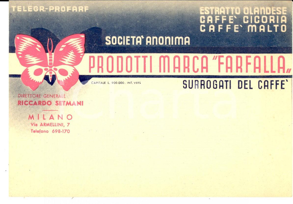 Materiale pubblicitario d’epoca 1940 ca MILANO Prodotti marca FARFALLA Surrogati caffé Cartoncino pubblicitario 1