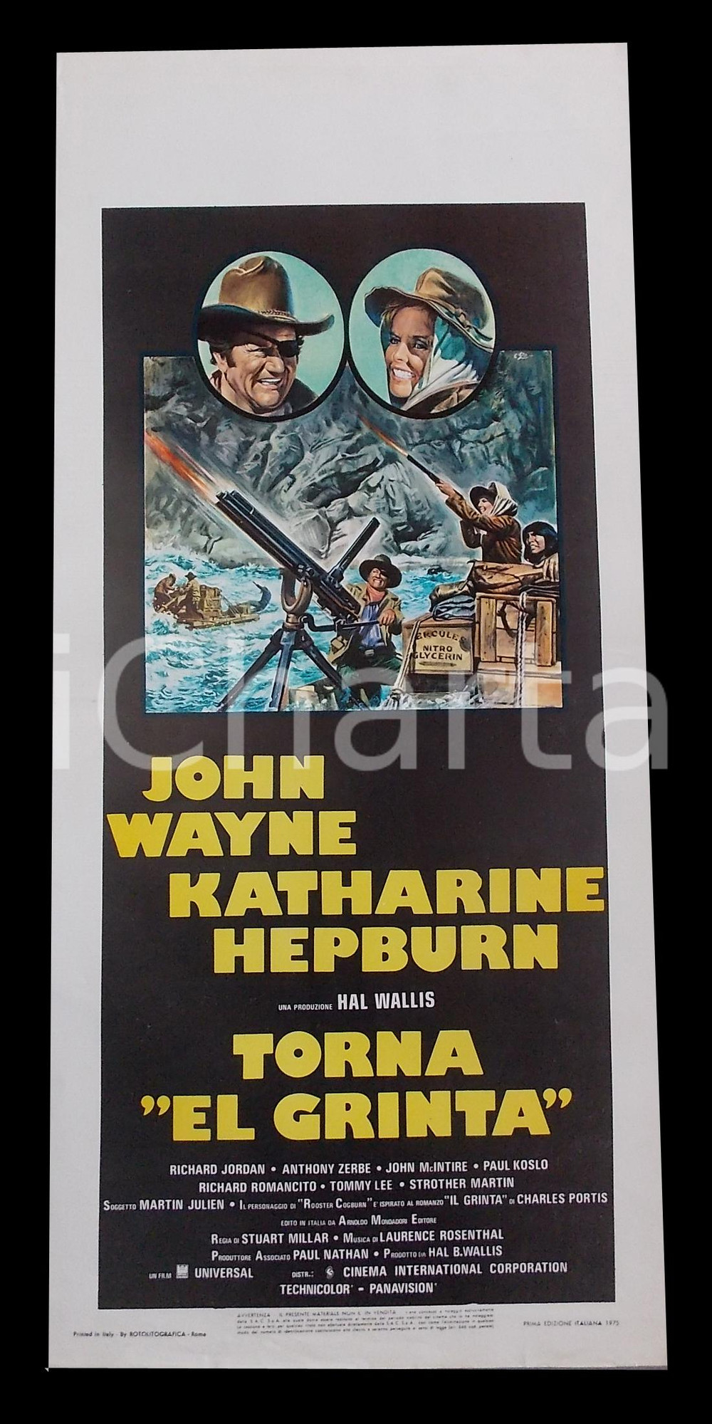 Materiale cinematografico d’epoca 1975 TORNA EL GRINTA John WAYNE Katharine HEPBURN Manifesto WESTERN 32x70 cm 1