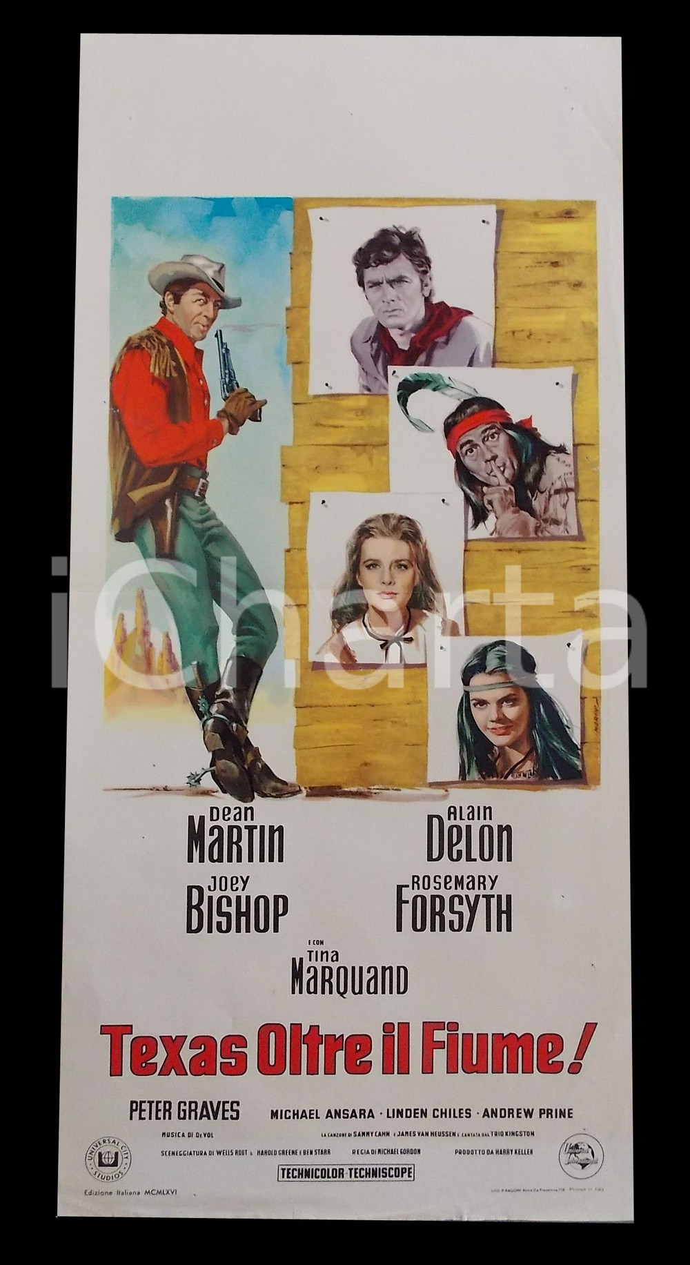 Materiale cinematografico d’epoca 1966 TEXAS OLTRE IL FIUME Dean MARTIN Alain DELON Manifesto WESTERN 32x70 1
