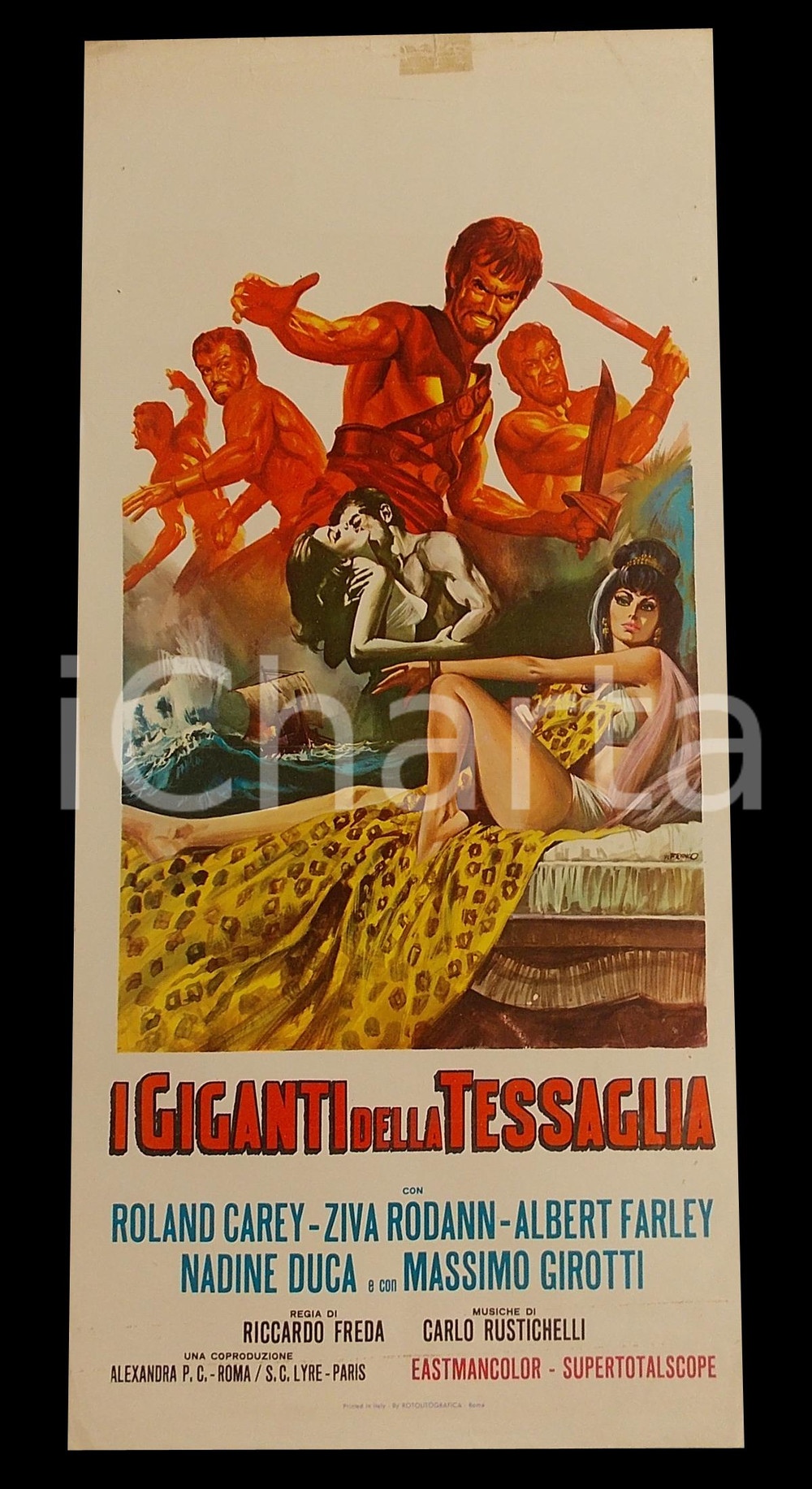 Materiale cinematografico d’epoca 1960 I GIGANTI DELLA TESSAGLIA Roland CAREY Ziva RODANN Manifesto PEPLUM 32x70 1