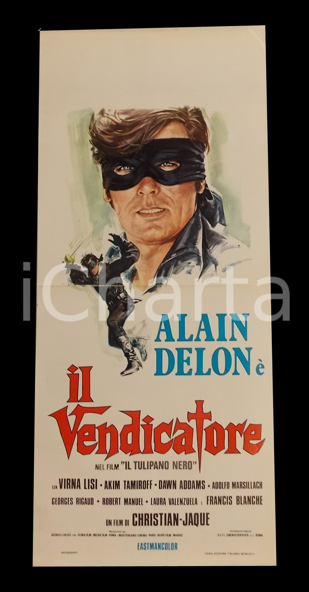 Materiale cinematografico d’epoca 1964 IL TULIPANO NERO Alain DELON nel ruolo del vendicatore Manifesto 32x70 cm 1