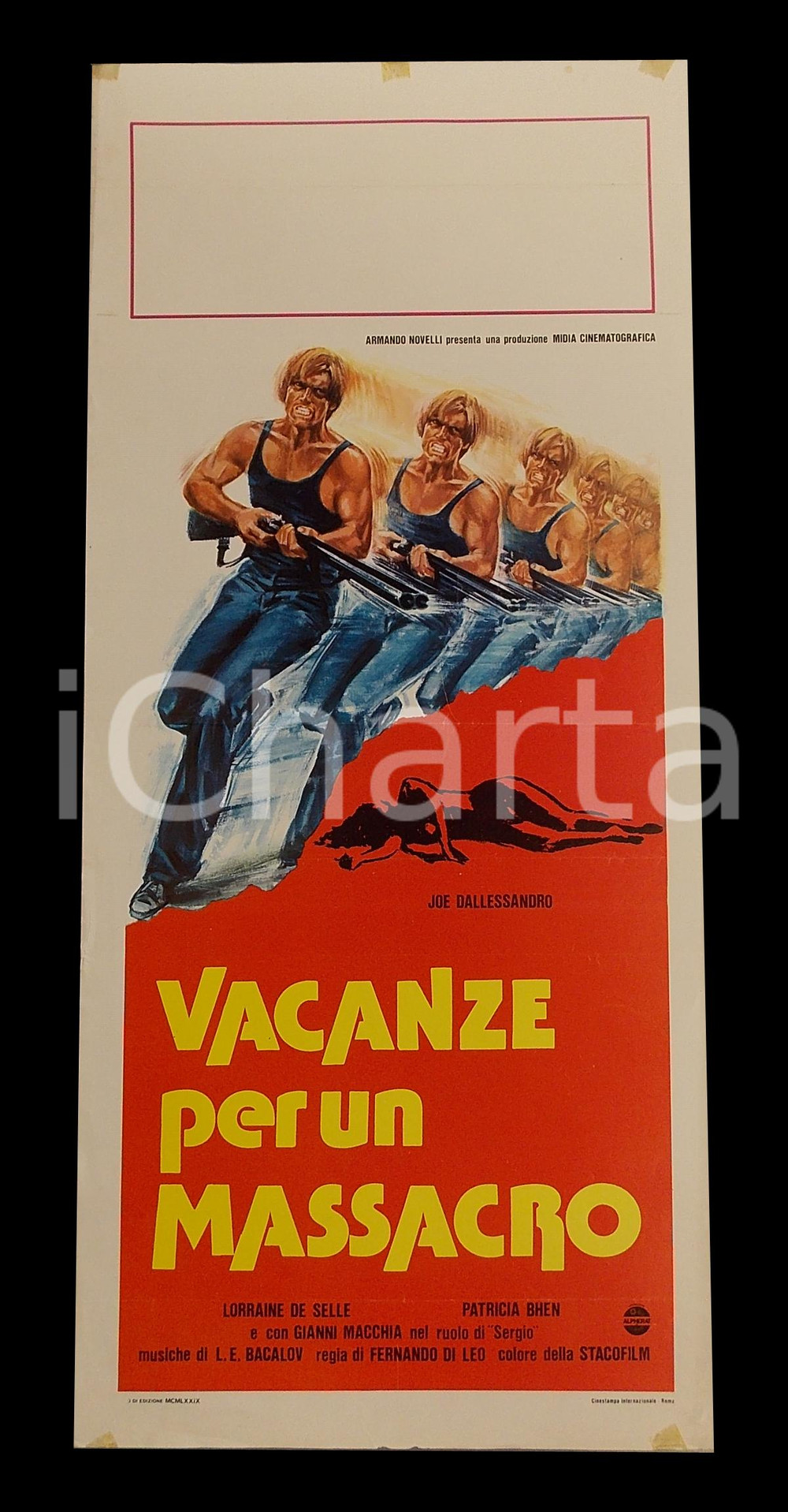 Materiale cinematografico d’epoca 1980 VACANZE PER UN MASSACRO Joe DALLESSANDRO Fernando DI LEO Manifesto 32x70 1
