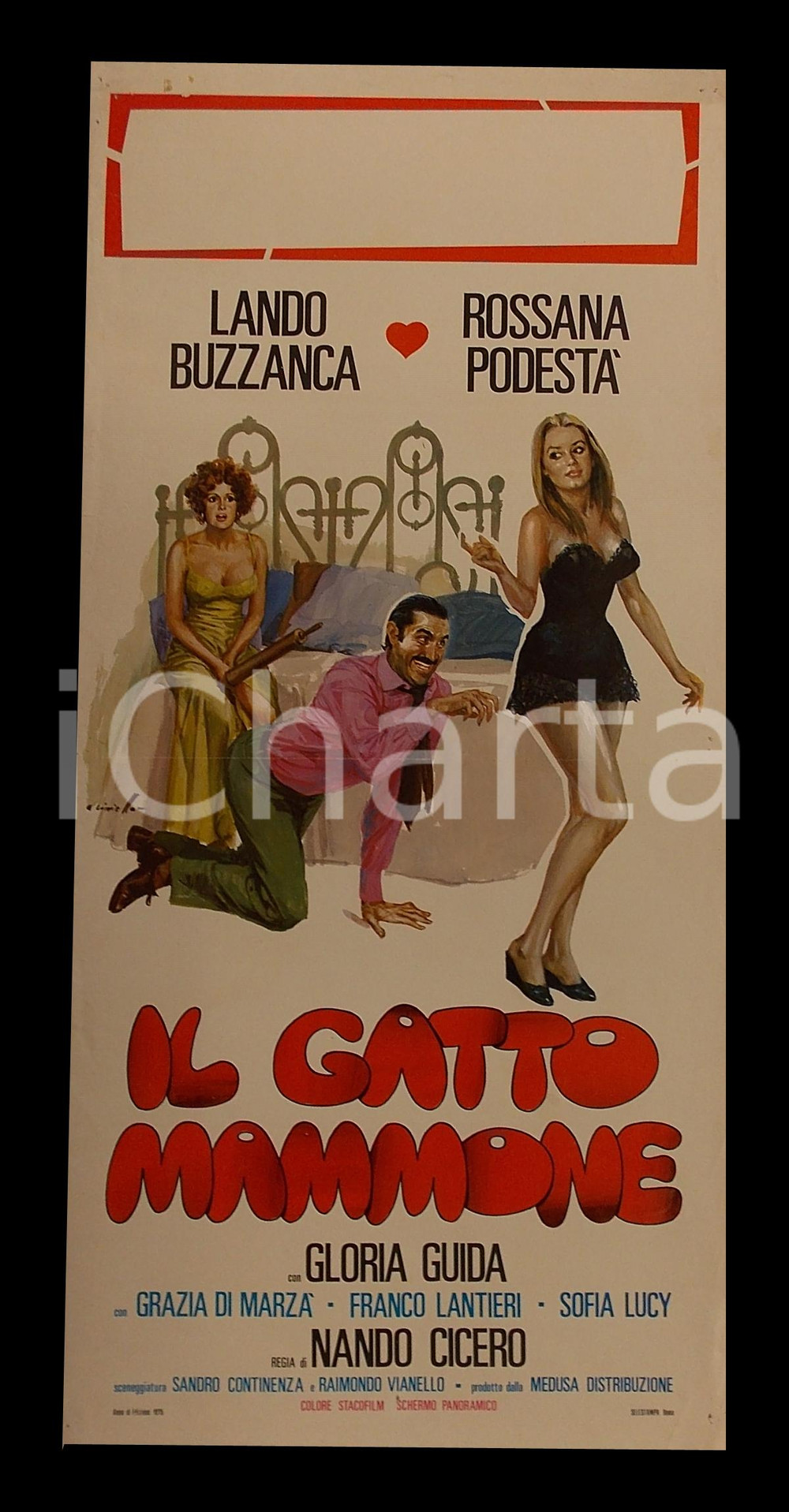 Materiale cinematografico d’epoca 1975 IL GATTO MAMMONE Lando BUZZANCA Gloria GUIDA Nando CICERO Manifesto 32x70 1