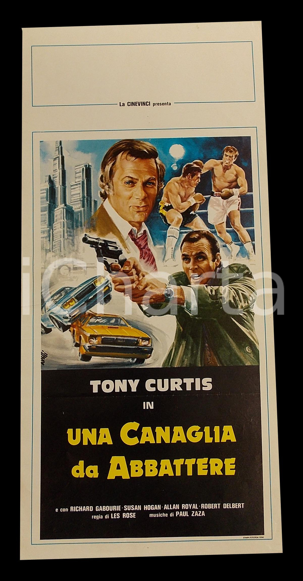 Materiale cinematografico d’epoca 1979 UNA CANAGLIA DA ABBATTERE Tony CURTIS Michael WINCOTT Manifesto 32x70 cm 1