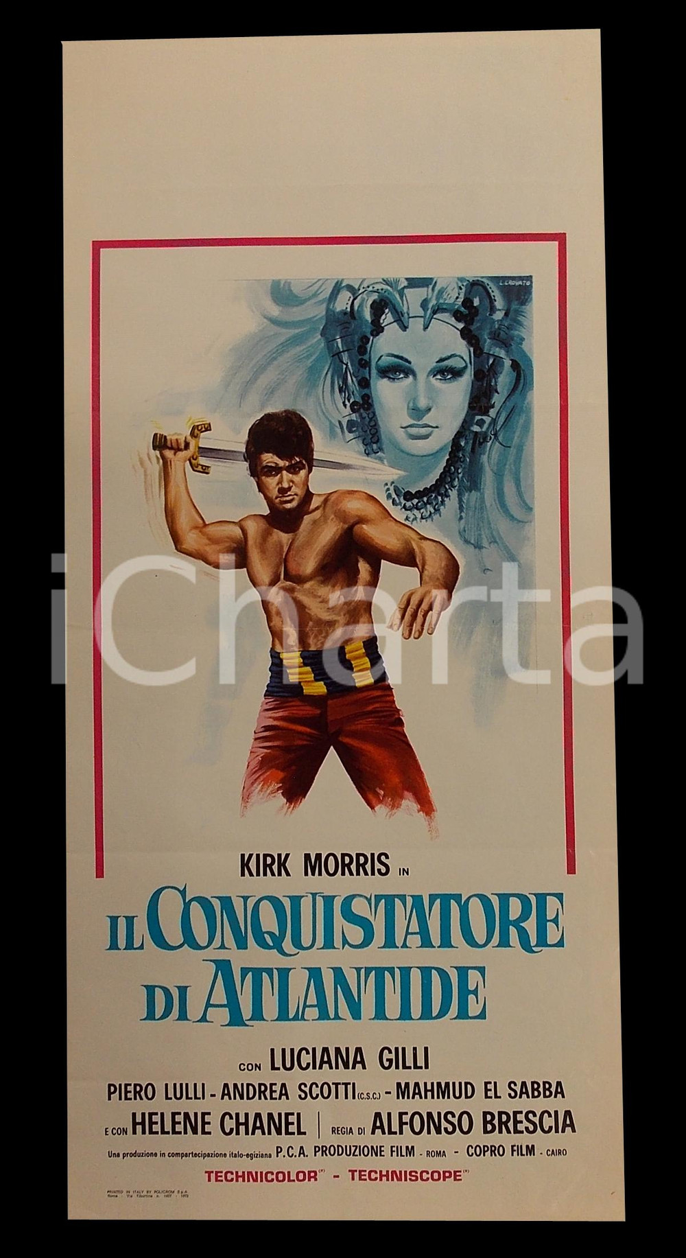 Materiale cinematografico d’epoca 1965 IL CONQUISTATORE DI ATLANTIDE Kirk MORRIS Luciana GILLI Manifesto 32x70 cm 1
