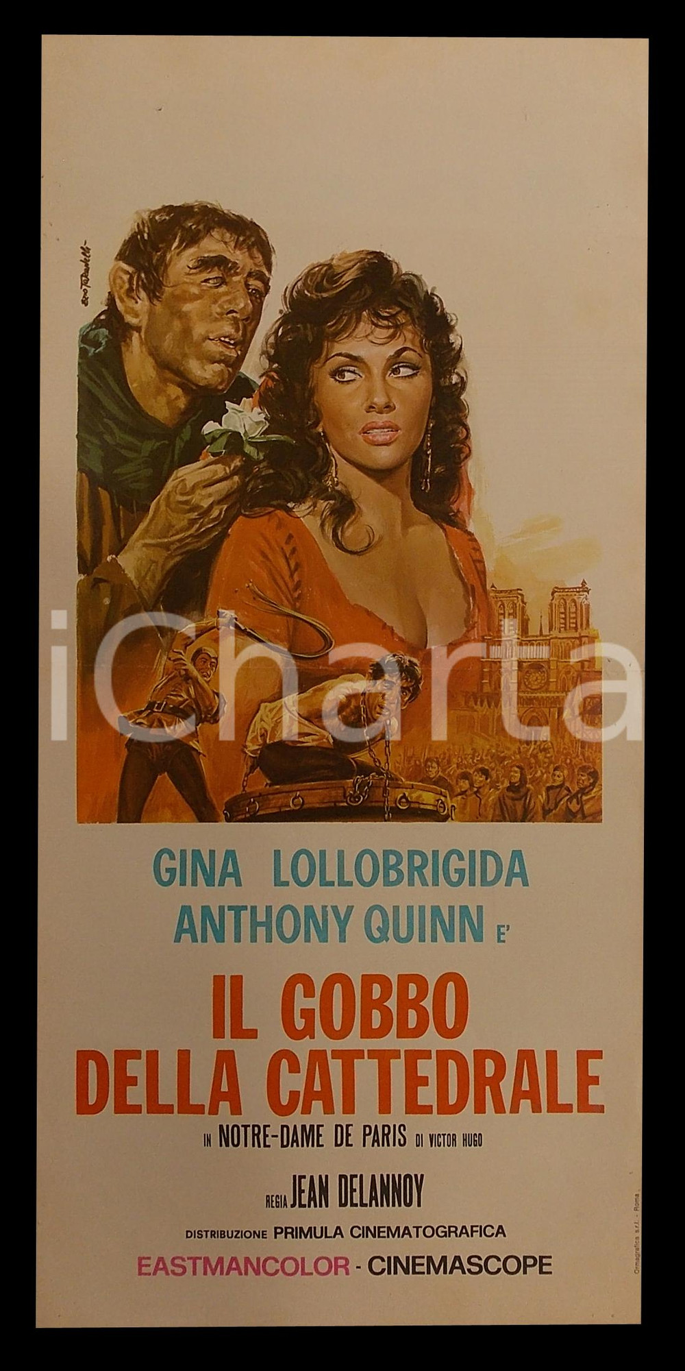 Materiale cinematografico d’epoca 1956 IL GOBBO DI NOTRE DAME Gina LOLLOBRIGIDA Anthony QUINN Manifesto 32x70 cm 1