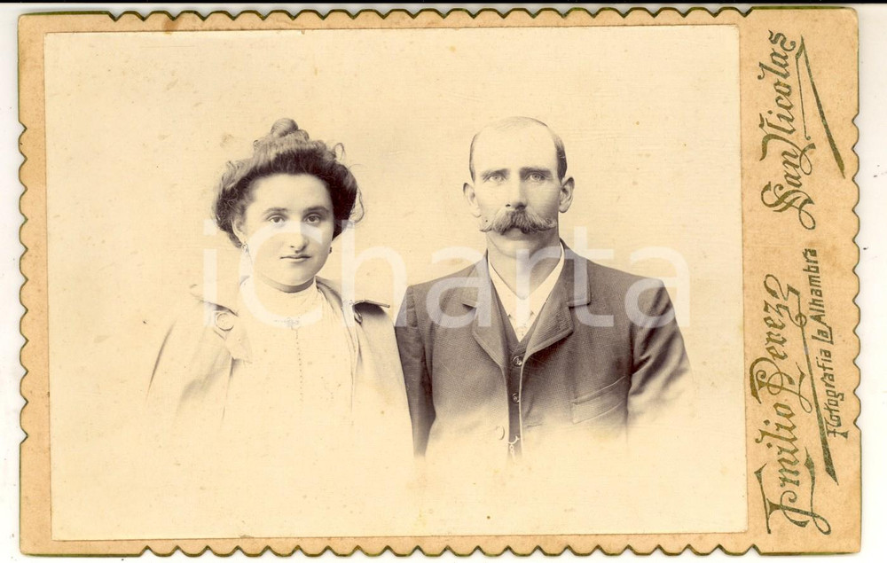 Fotografia d epoca originale 1900 ca SAN NICOLAS ARGENTINA Ritratto di due sposi  Foto Emilio PEREZ 17x11 1