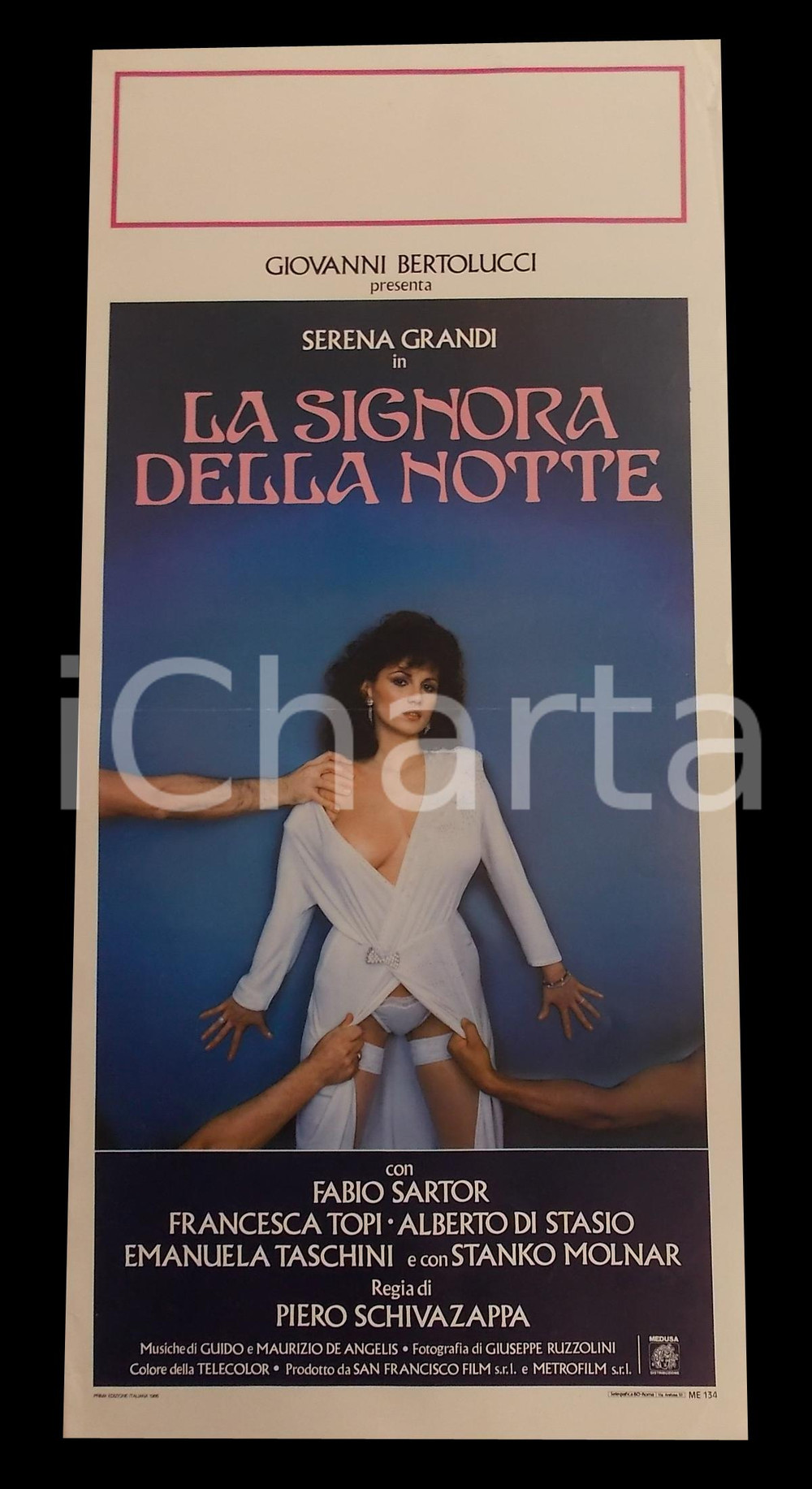 Materiale cinematografico d’epoca 1986 LA SIGNORA DELLA NOTTE Serena GRANDI Fabio SARTOR Manifesto EROTICO 32x70 1