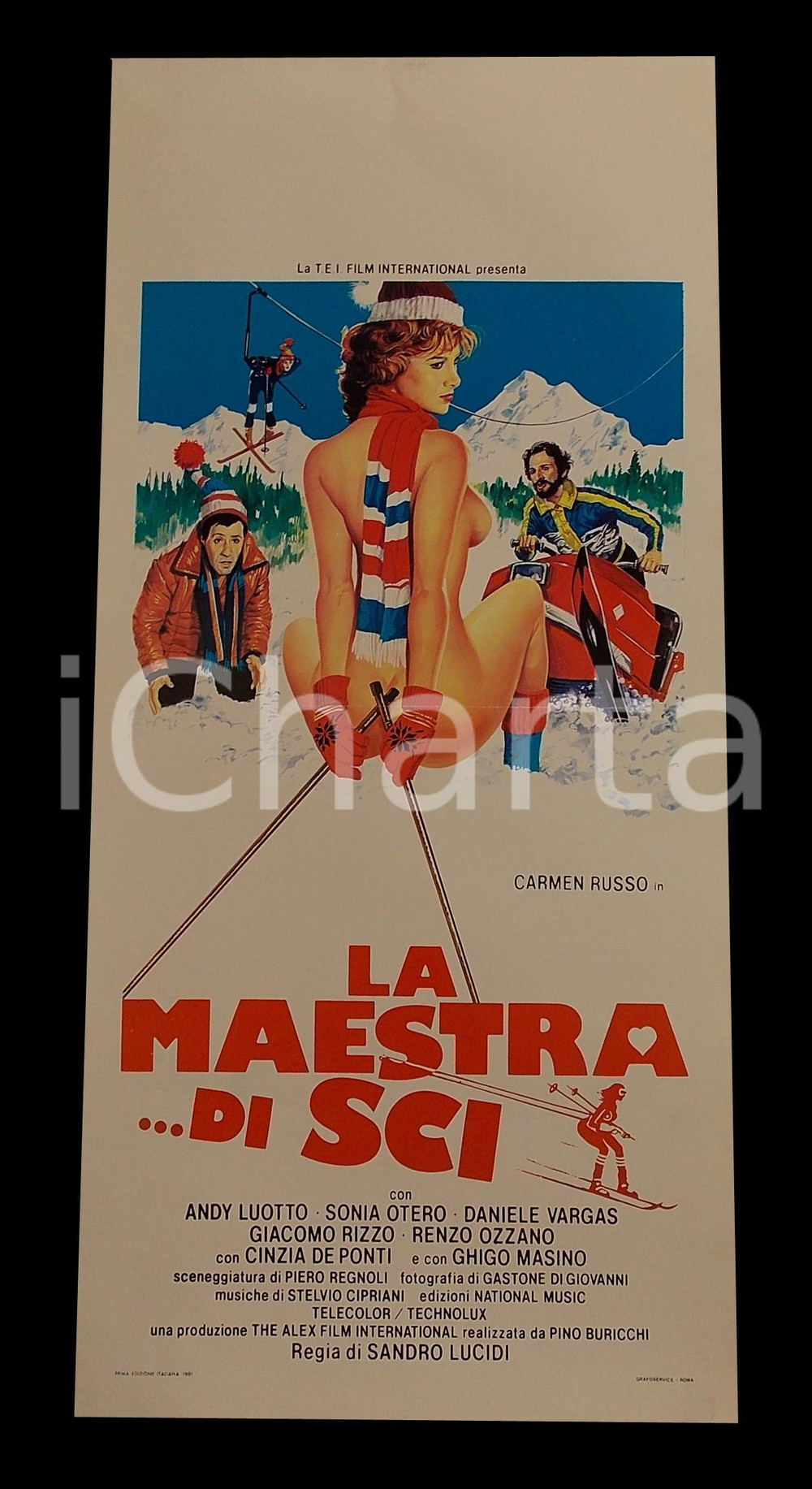 Materiale cinematografico d’epoca 1981 LA MAESTRA DI SCI Carmen RUSSO Andy LUOTTO Manifesto EROTICO 32x70 cm 1