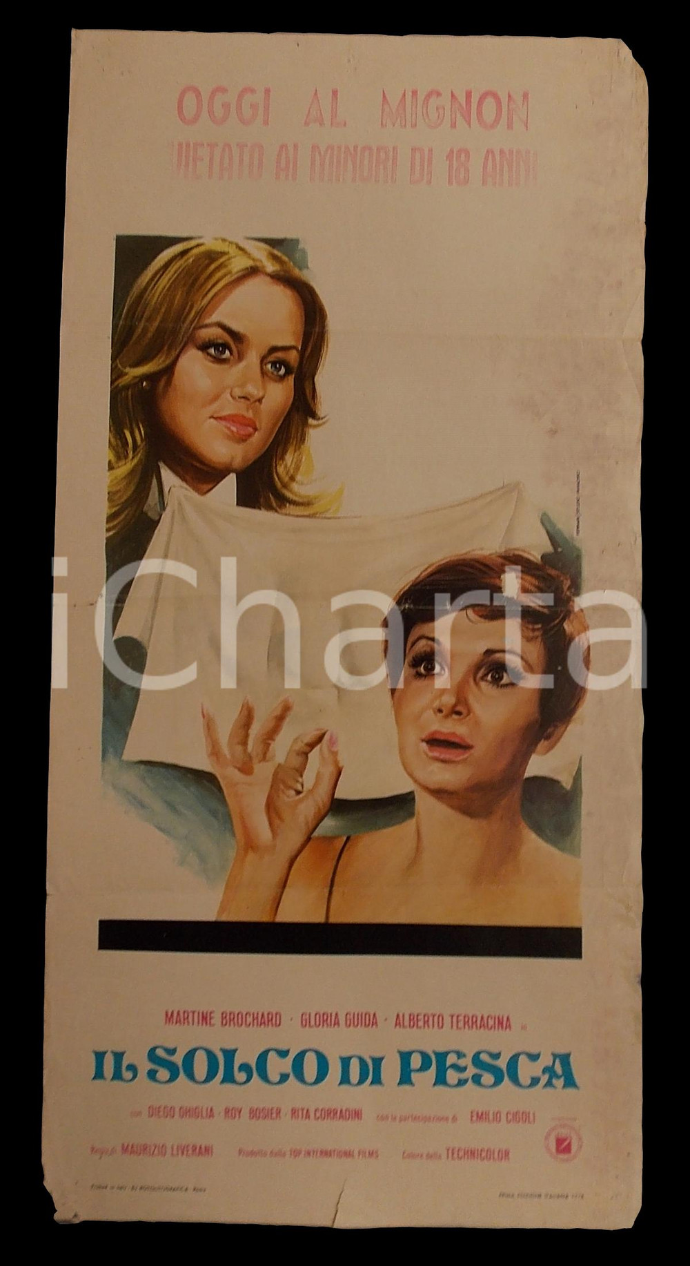 Materiale cinematografico d’epoca 1976 IL SOLCO DI PESCA Martine BROCHARD Gloria GUIDA Manifesto EROTICO 32x70 cm 1