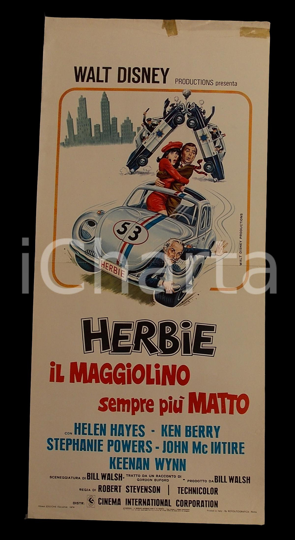 Materiale cinematografico d’epoca 1974 HERBIE Maggiolino sempre piÃ¹ matto  Helen HAYES Ken BERRY Manifesto 32x70 1
