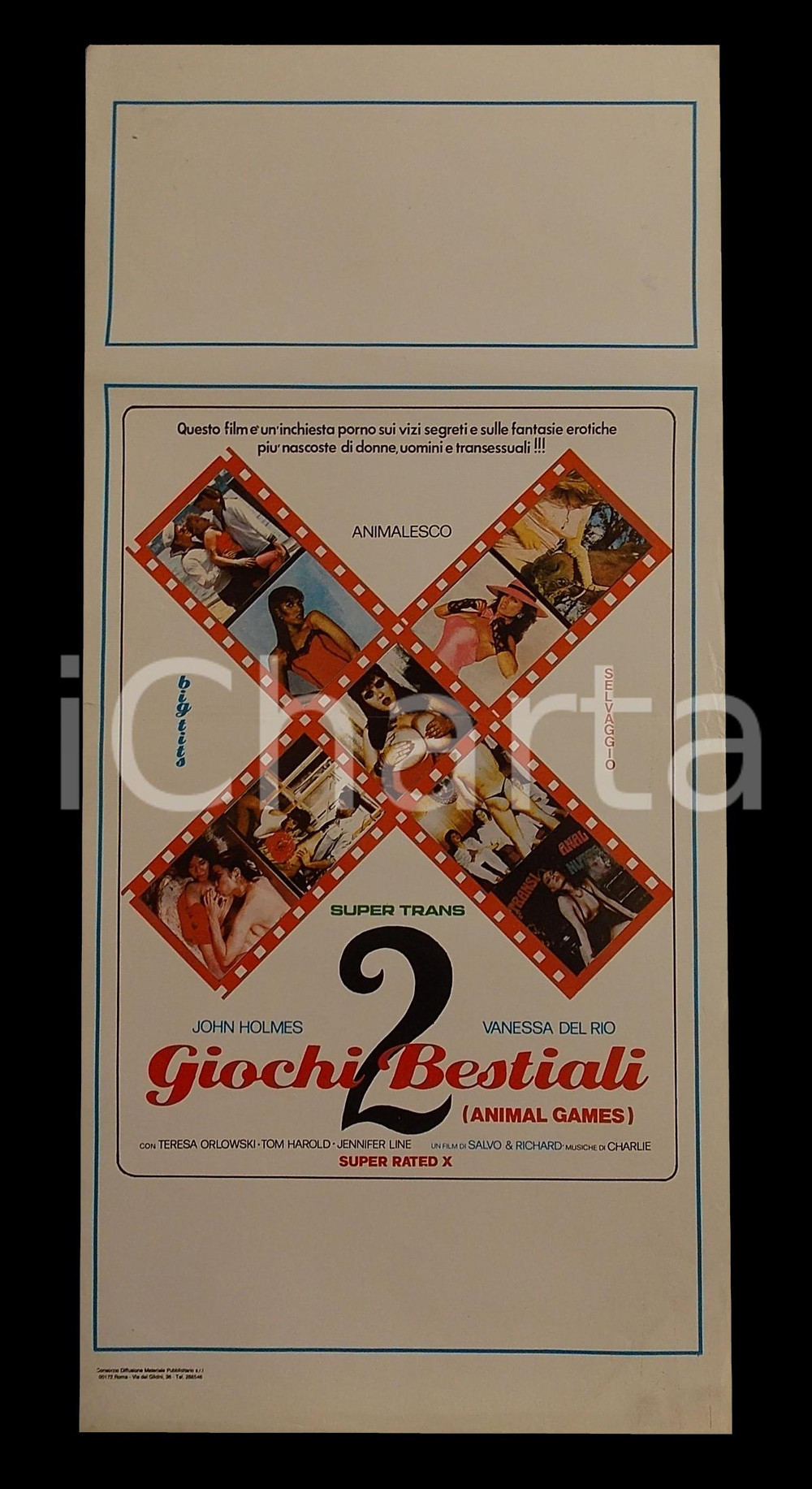 Materiale cinematografico d’epoca 1985 ca GIOCHI BESTIALI 2 John HOLMES Vanessa DEL RIO Manifesto EROTICO 32x70 1