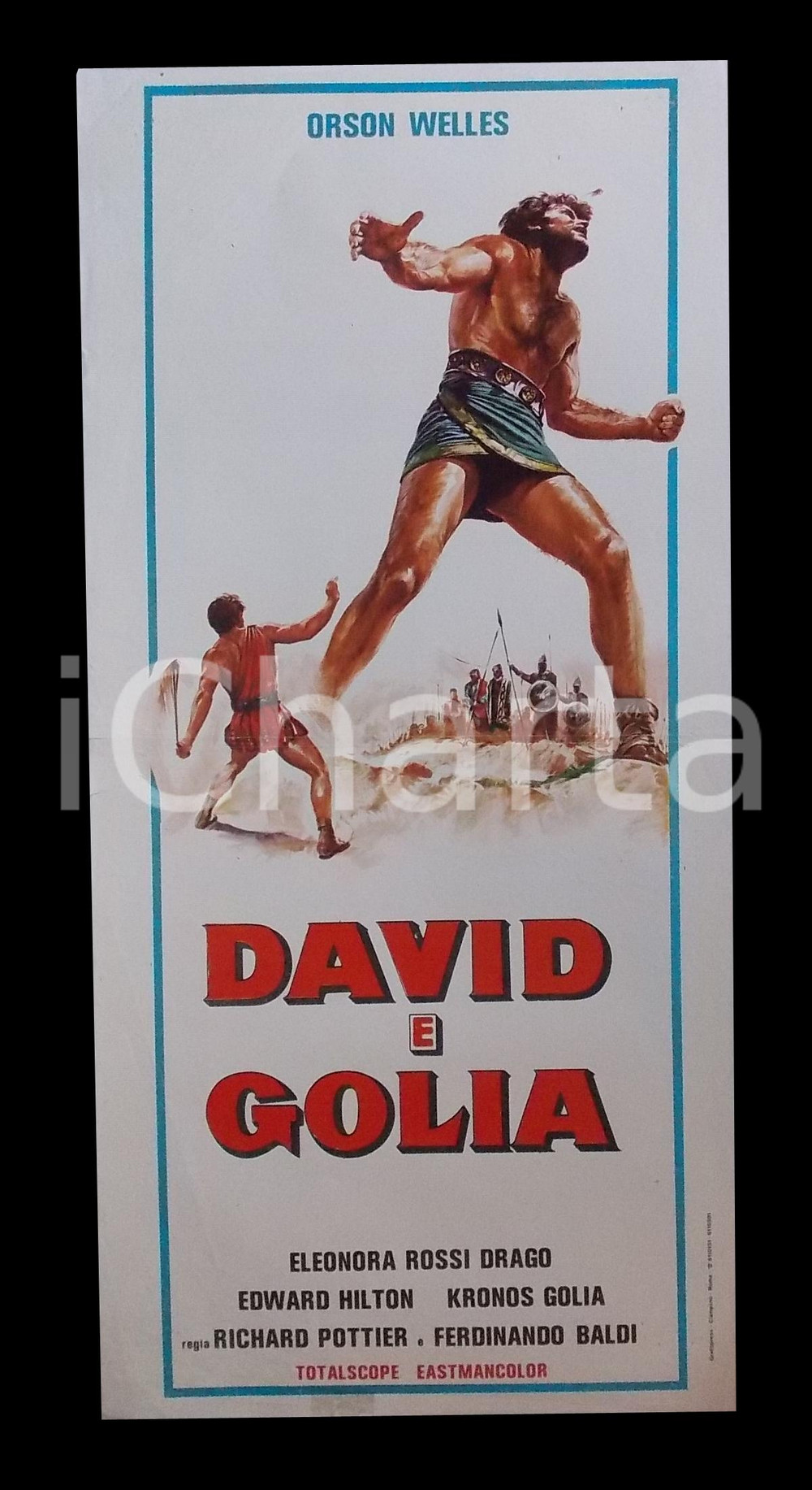 Materiale cinematografico d’epoca 1960 DAVID E GOLIA Orson WELLES Ivica PAJER Eleonora ROSSI DRAGO Manifesto 32x70 1
