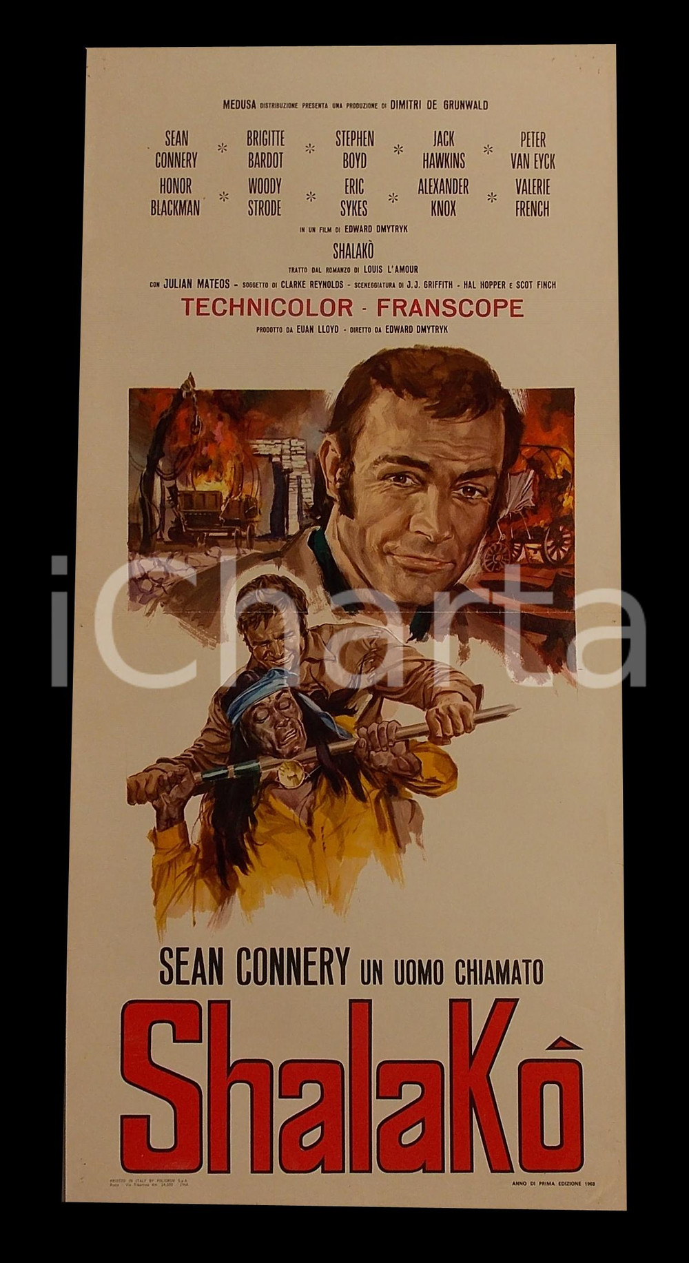 Materiale cinematografico d’epoca 1968 SHALAKO Sean CONNERY Brigitte BARDOT Stephen BOYD Manifesto 32x70 cm 1