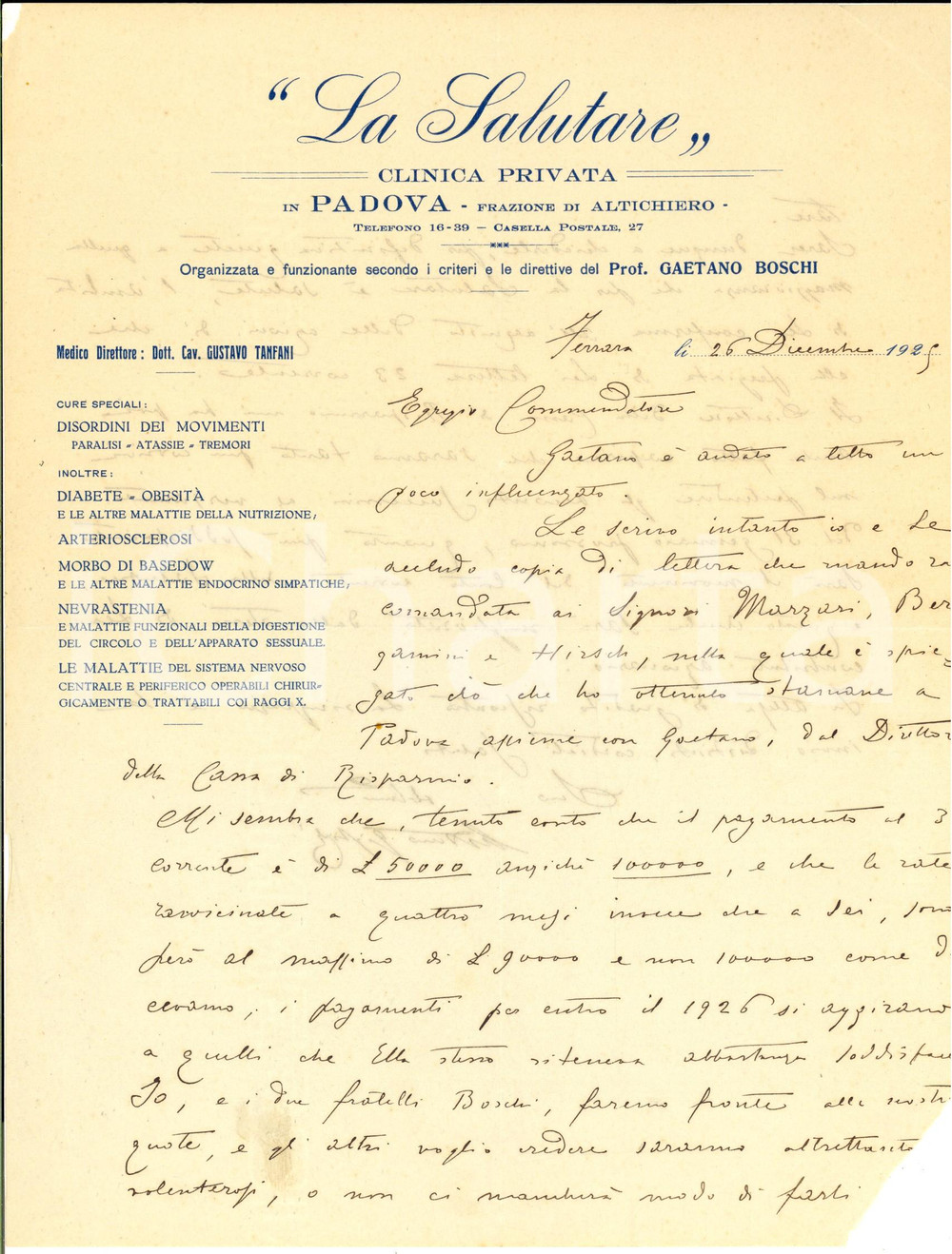 Manoscritto, lettera originale 1925 FERRARA Lettera Arturo GIGLIOLI su transazione economica Autografo 1