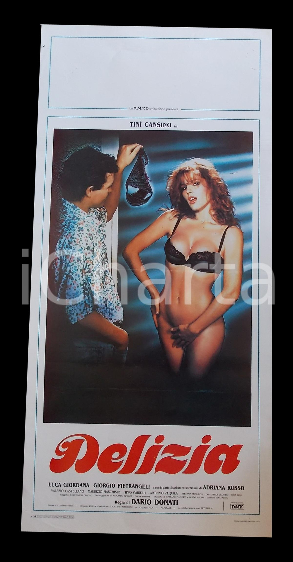 Materiale cinematografico d’epoca 1986 DELIZIA TinÃ¬ CANSINO Luca GIORDANA Joe D AMATO Manifesto EROTICO 32x70 cm 1