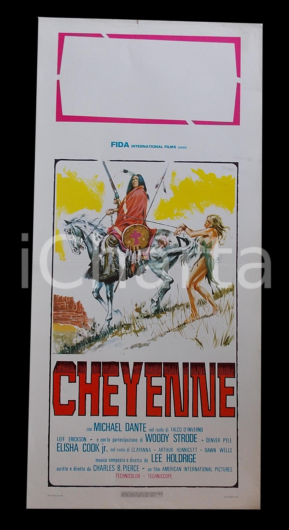Materiale cinematografico d’epoca 1975 CHEYENNE Leif ERICKSON Woody STRODE Denver PILE Manifesto WESTERN 32x70 cm 1
