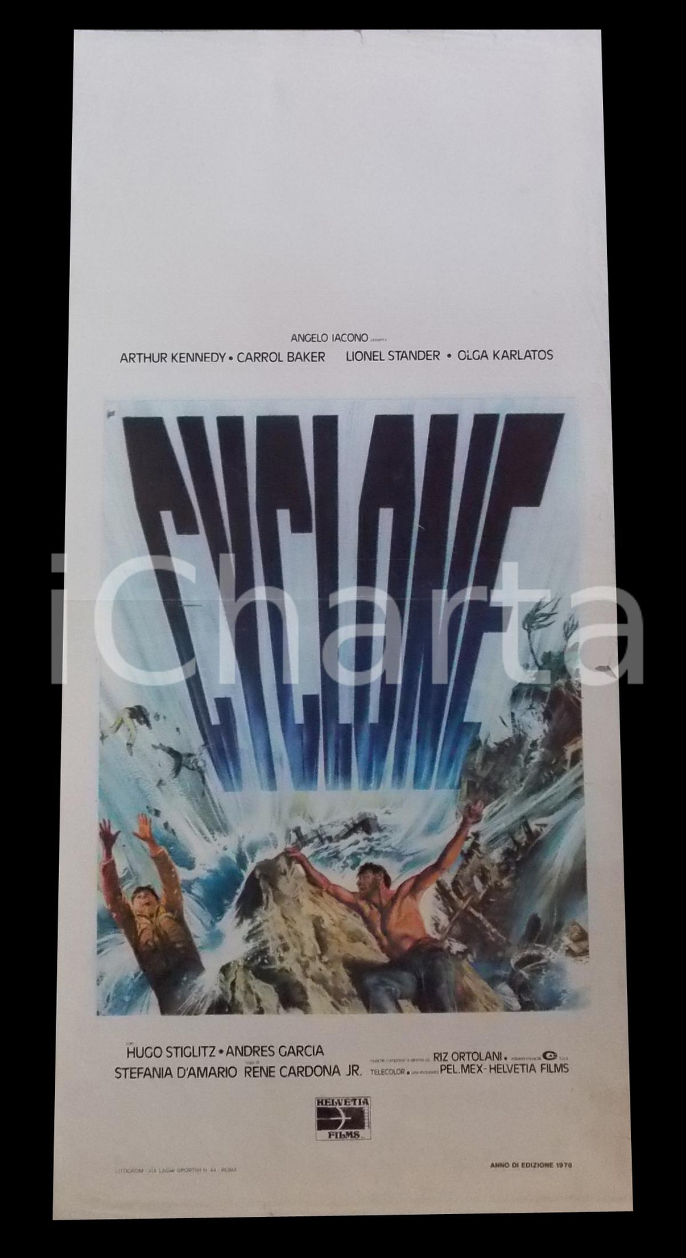 Materiale cinematografico d’epoca 1978 CYCLONE Arthur KENNEDY Carroll BAKER Lionel STANDER Manifesto 32x70 cm 1