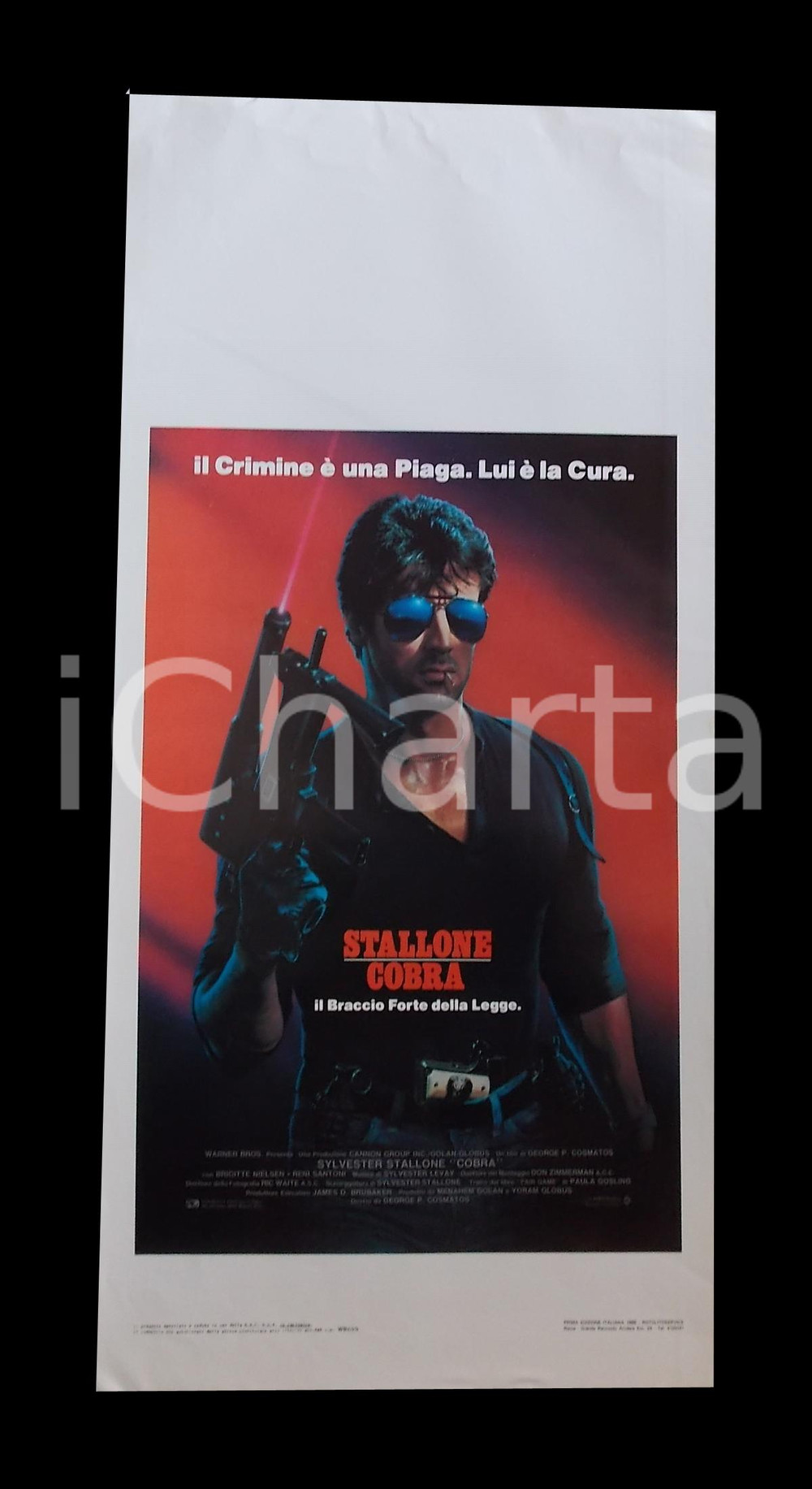 Materiale cinematografico d’epoca 1986 COBRA Sylvester STALLONE Brigitte NIELSEN Reni SANTONI Manifesto 32x70 cm 1