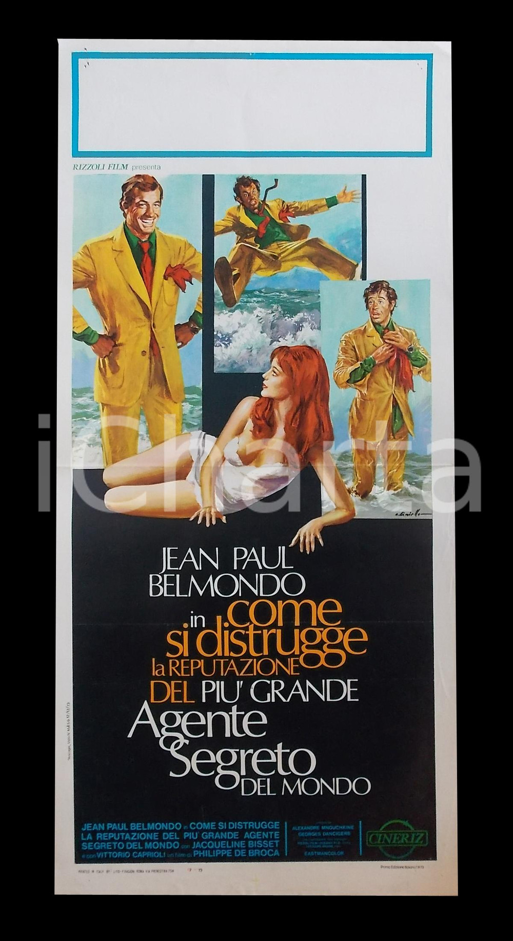 Materiale cinematografico d’epoca 1973 IL PIU  GRANDE AGENTE SEGRETO DEL MONDO Jean Paul BELMONDO Manifesto 32x70 1