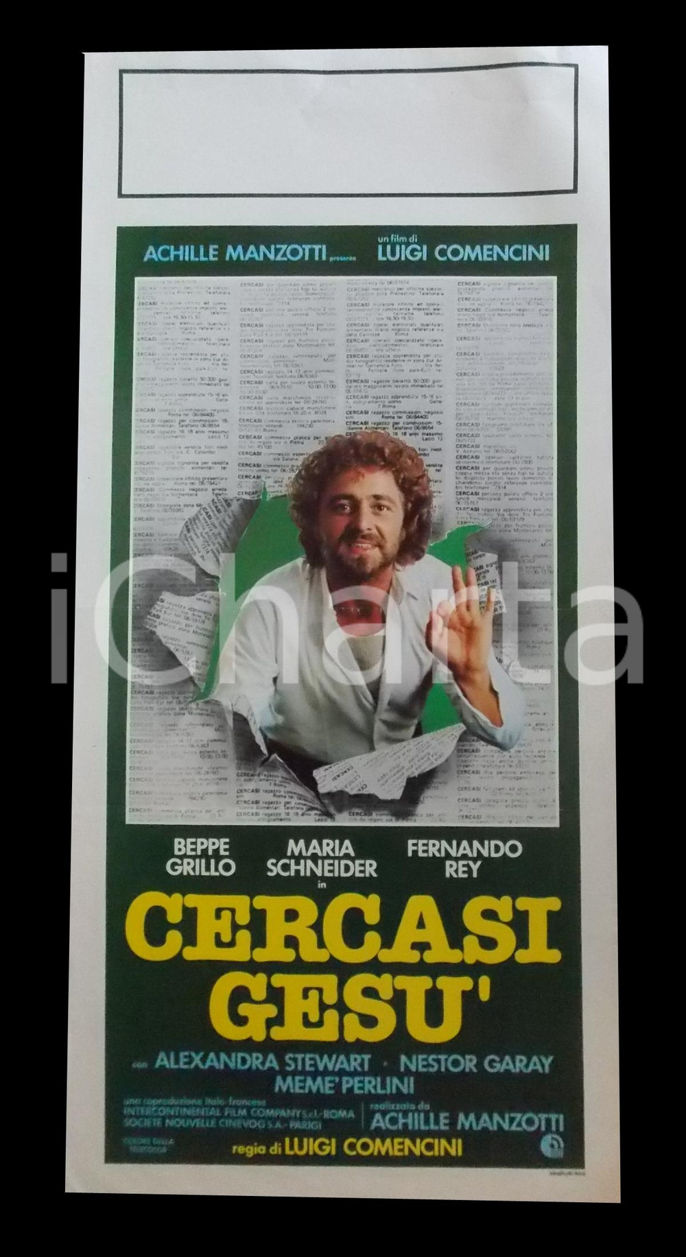 Materiale cinematografico d’epoca 1982 CERCASI GESU  Beppe GRILLO Maria SCHNEIDER Luigi COMENCINI Manifesto 32x70 1