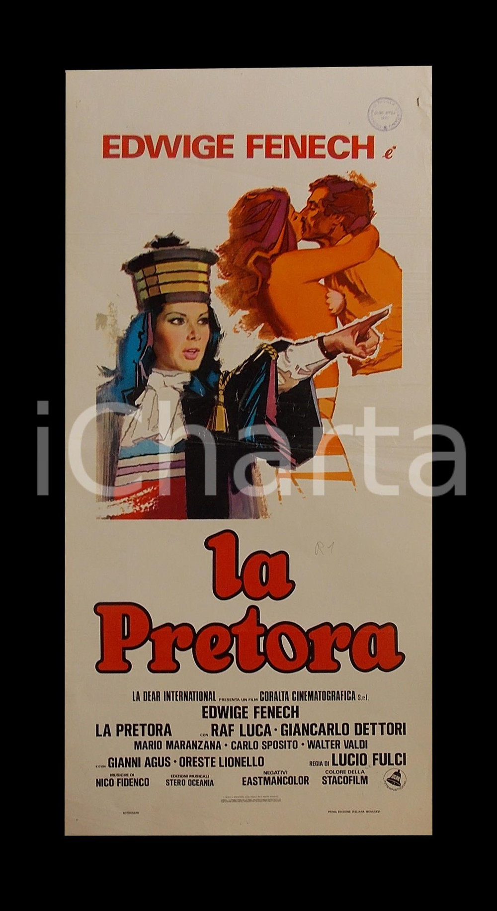 Materiale cinematografico d’epoca 1976 LA PRETORA Edwige FENECH Lucio FULCI Raf LUCA Manifesto EROTICO 32x70 cm 1