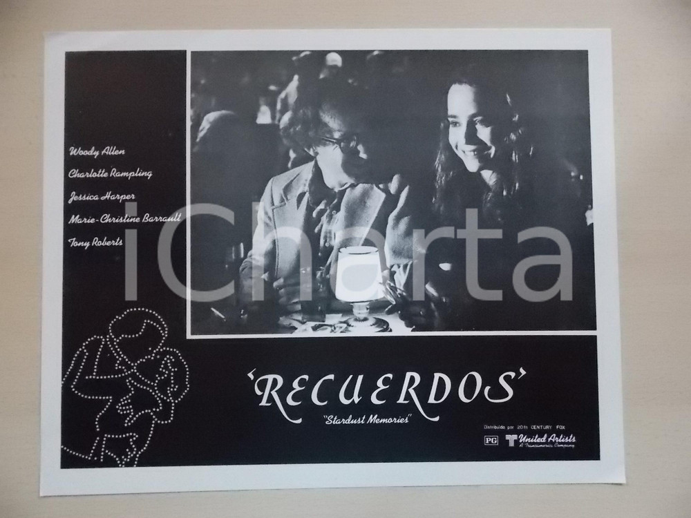 Materiale cinematografico d’epoca 1980 STARDUST MEMORIES Woody ALLEN Jessica HARPER at restaurant Lobby card 1