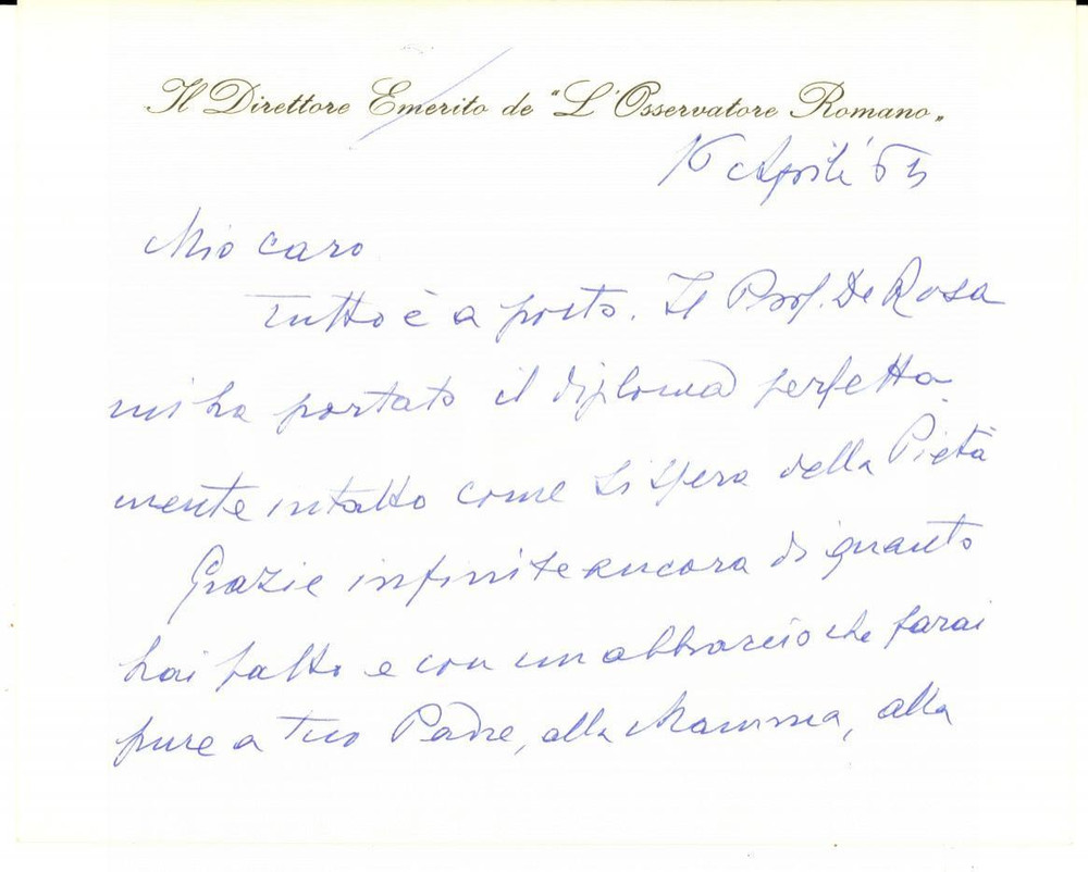 Autografo originale 1963 ROMA L OSSERVATORE ROMANO Biglietto auguri Giuseppe DALLA TORRE Autografo 1