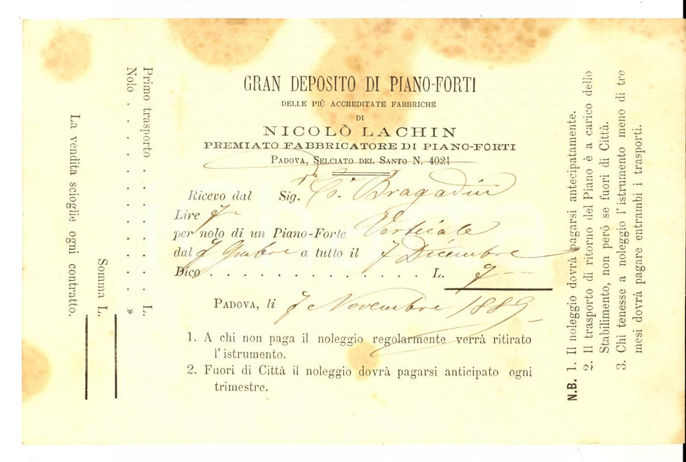Documento originale, autentico 1889 PADOVA NicolÃ² LACHIN Fabbricatore pianoforti  Ricevuta per noleggio 1