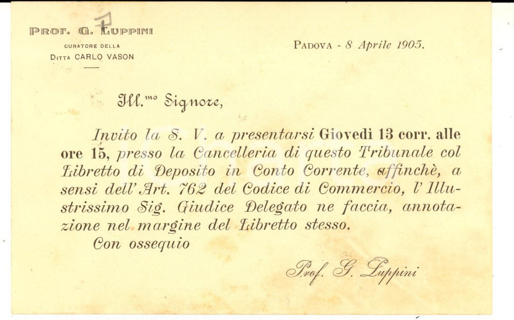 Oggetto da collezione cartaceo 1905 PADOVA Biglietto invito prof. G. LUPPINI curatore ditta Carlo VASON 1