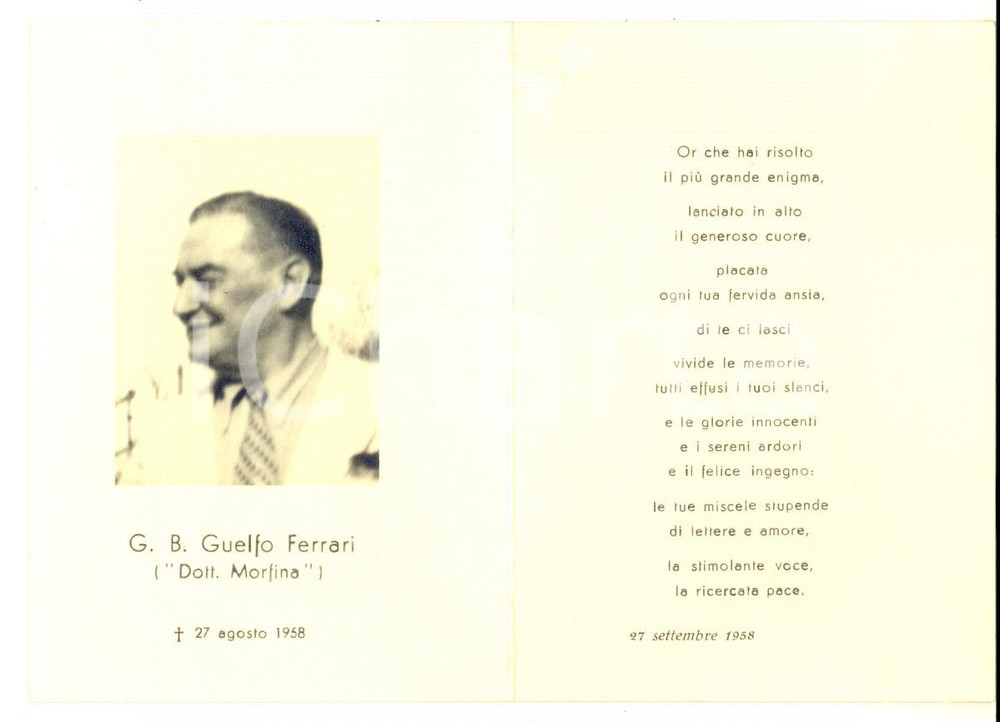 Oggetto da collezione cartaceo 1958 VENEZIA In memoria di Guelfo FERRARI  Presidente PADOVA Santino ritratto 1