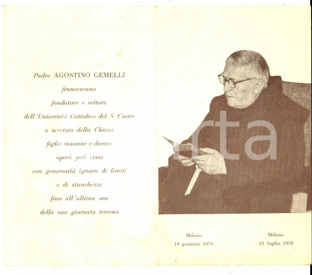 Oggetto da collezione cartaceo 1959 MILANO In memoria di padre Agostino GEMELLI Santino con ritratto 1